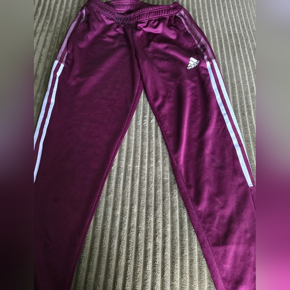 Adidas Mens Burgundy Joggers with White Stripes
